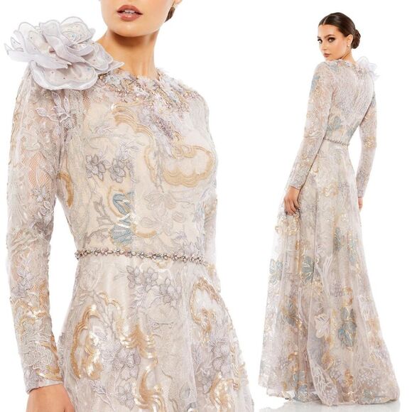Mac Duggal 79374 Rose Applique Floral Embroidered Beaded Lace Maxi Gown, Size 16 - Picture 1 of 16